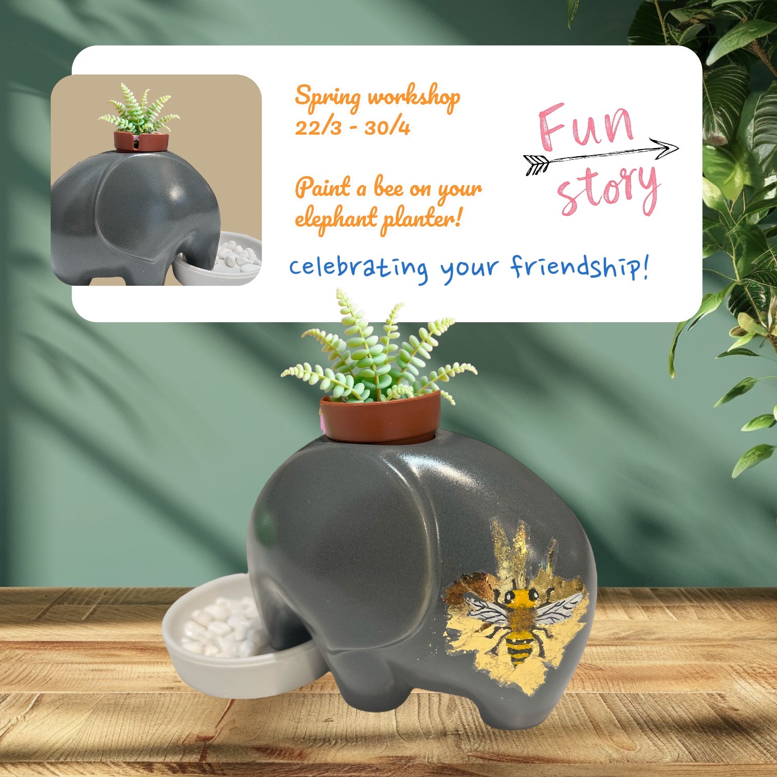 **🌸🐘✨ *春季限定工作坊：為大象花盆畫上小蜜蜂！* ✨🐝🌸**