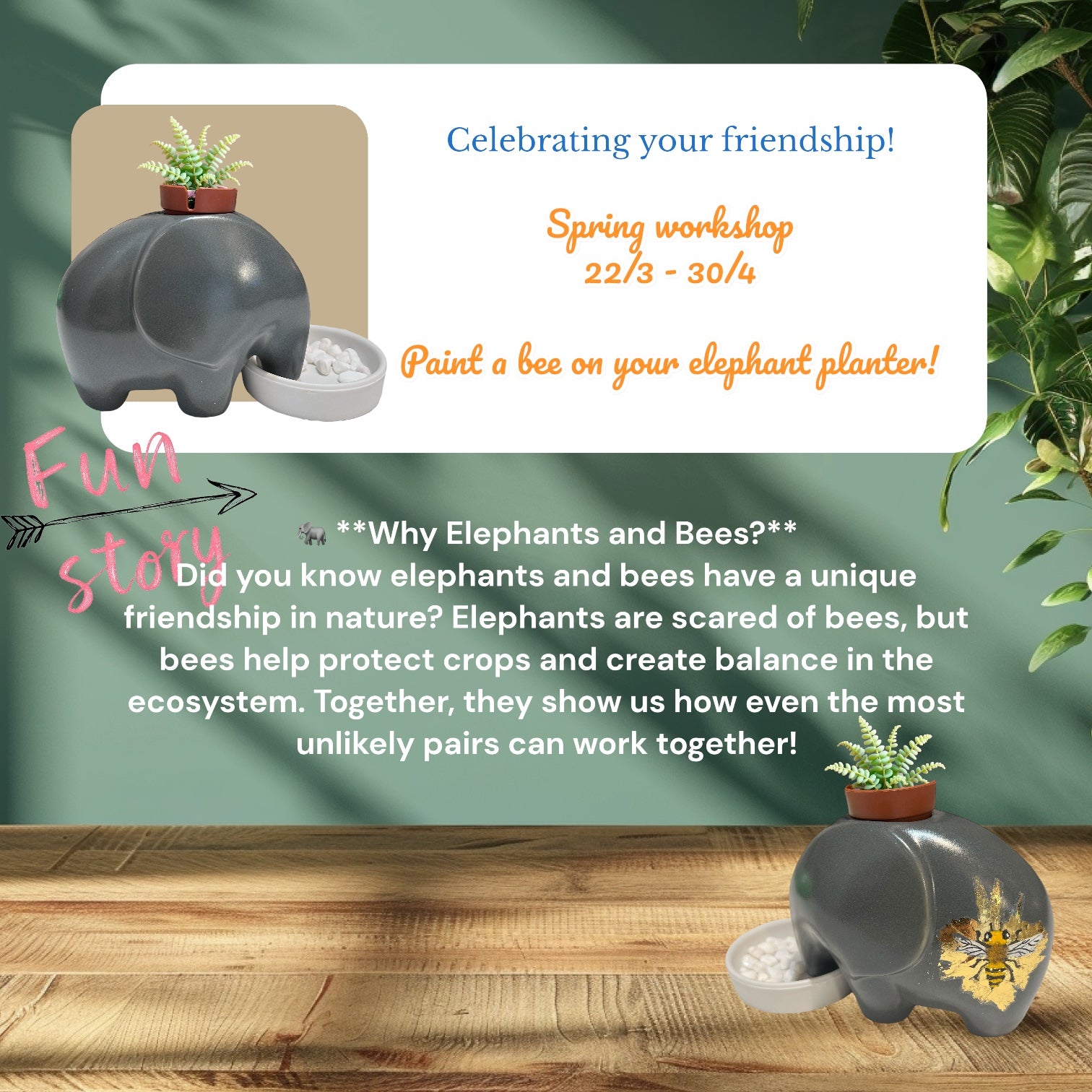**🌸🐘✨ *春季限定工作坊：為大象花盆畫上小蜜蜂！* ✨🐝🌸**
